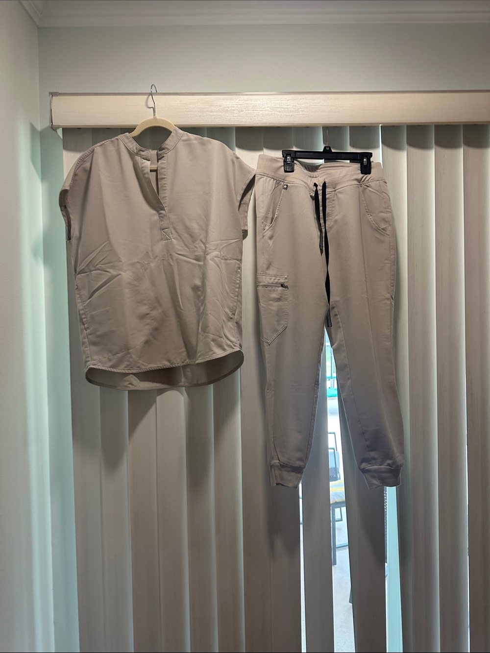 Figs Beige Women's Jogger Pants and Short Sleeve Medical Top Set